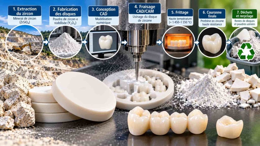 Impact écologique zircone dentaire Cycle de vie de la zircone dentaire numérique : extraction du zircon, fabrication des disques, CAD/CAM, fraisage, frittage, couronne finale, déchets et recyclage