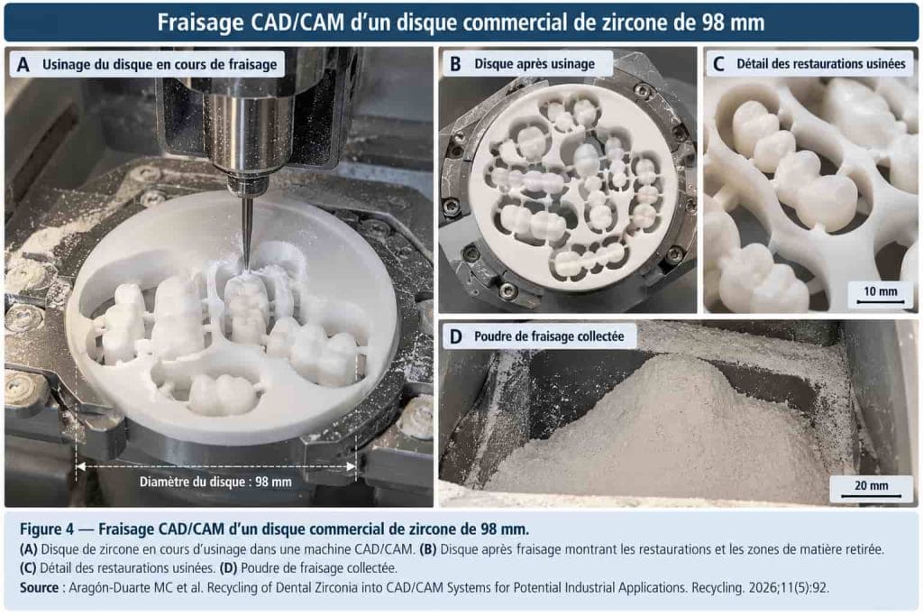 Fraisage CAD CAM d’un disque de zircone dentaire 98 mm