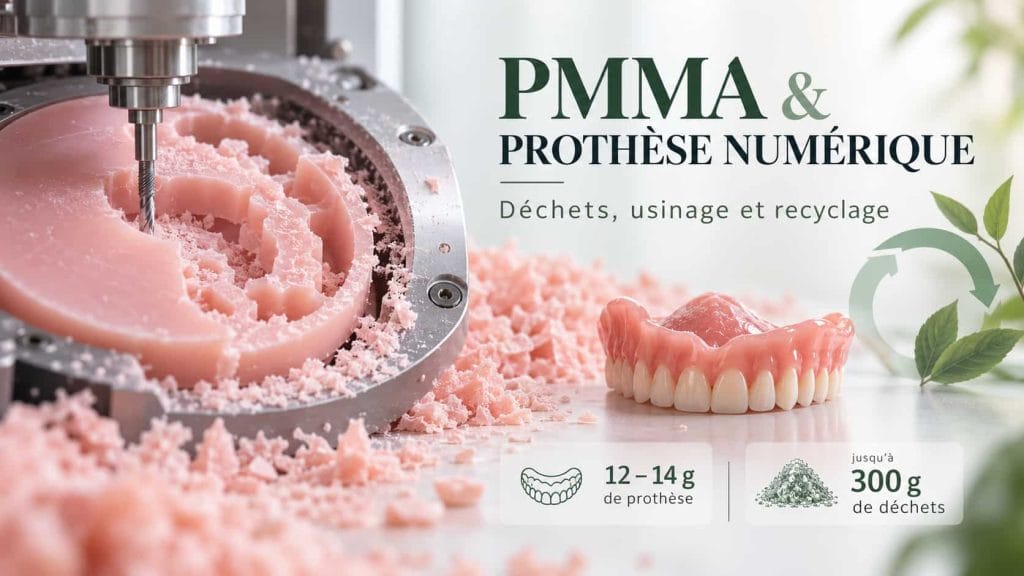 Usinage d’une prothèse complète numérique en PMMA avec production de copeaux et déchets, comparant une prothèse de 12 à 14 g à jusqu’à 300 g de résidus.