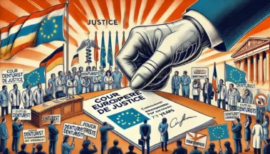 Une illustration dramatique d'une corporation écrasant un document officiel de la Cour Européenne de Justice, tandis que des professionnels de santé dentaire protestent à côté.