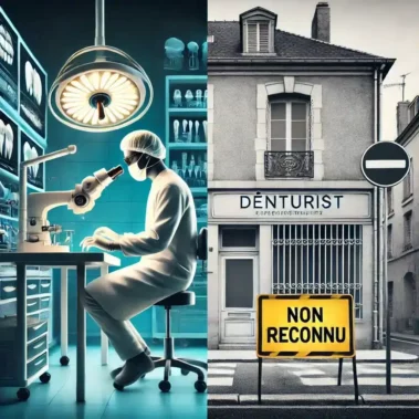 d'un côté, un denturiste en action dans un laboratoire moderne à l'étranger, et de l'autre, une pancarte en France indiquant "Non reconnu".
